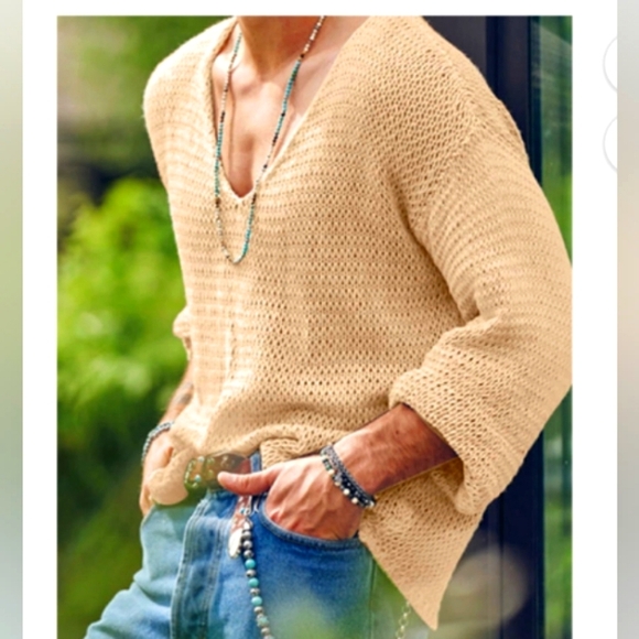 Incerun Other - INCERUN Fashion Simple V-Neck Long Sleeve Thin Knitted Sweater Cream XL